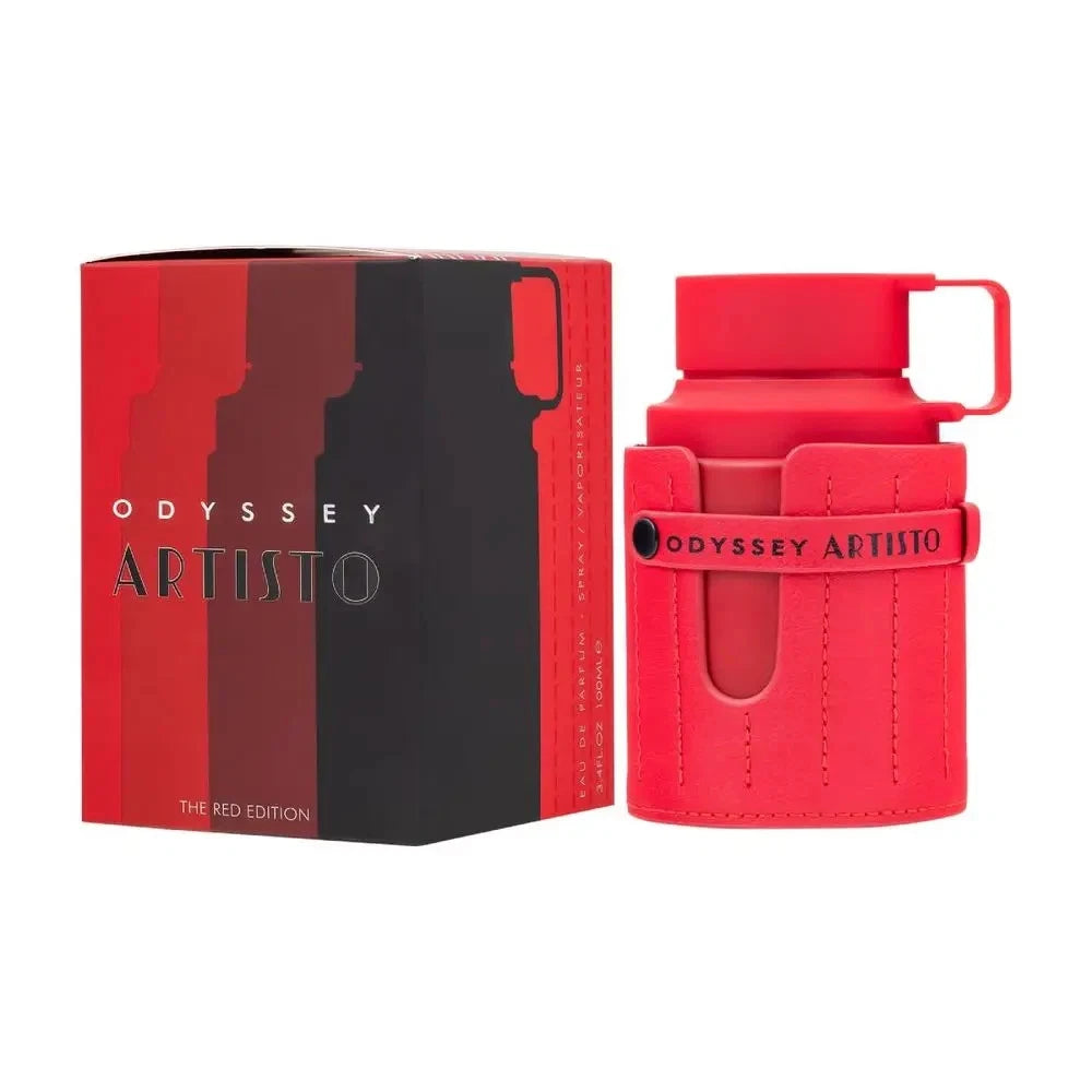 Armaf Odyssey Artisto EDP 100 ml bottle next to its red and gold presentation box