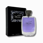 A bottle of Nawas For Men Eau de Parfum with light purple liquid and a textured gray cap, shown next to its black packaging box with a snake-print pattern.