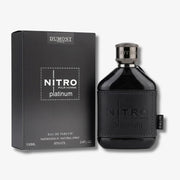 Dumont Paris Nitro Pour Homme Platinum eau de parfum, showing the black packaging box and the dark glass spray bottle with a black leather-like wrap and silver cap on a light gray background.